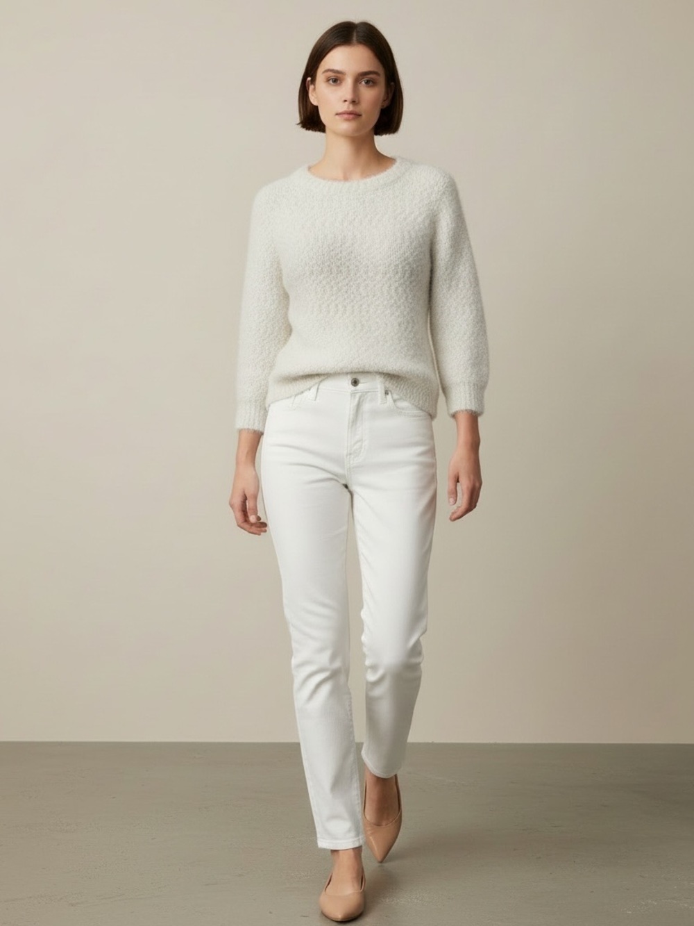 Ricki’s Ivory Grey Ombré Sweater Fluffy Crewneck Pullover 3/4 Sleeves Small
